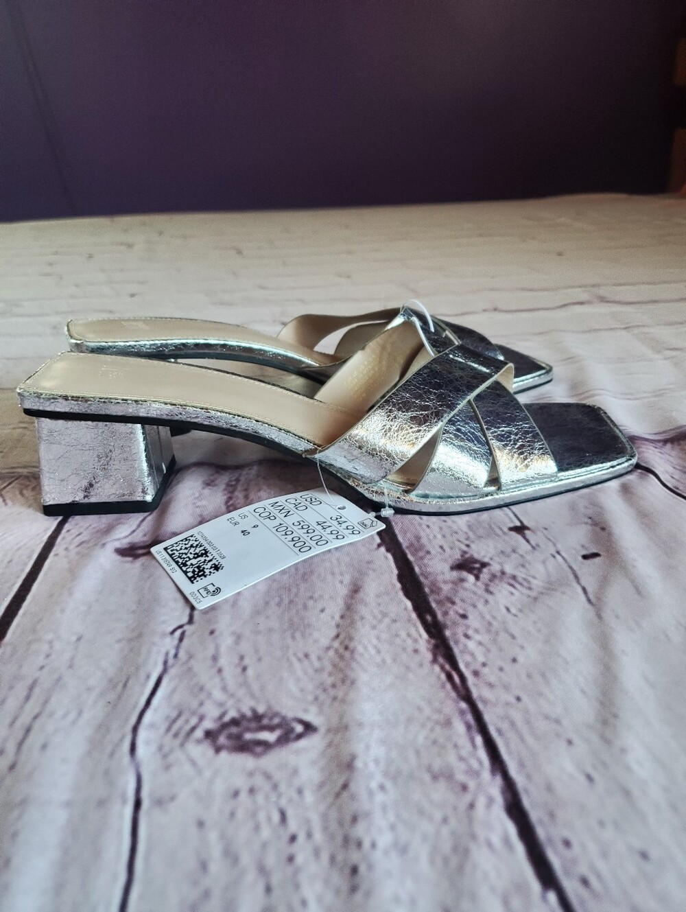 Metallic Silver Low Block Heel Slide Sandals Square Toe Crossover Foot Straps 9 - Picture 5 of 14